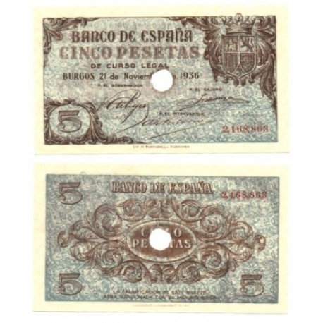 [1936] Billete de 5 Pesetas (SC). Sin Serie. Perforado.