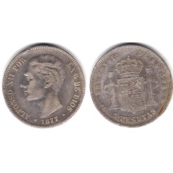 Alfonso XII. 1877*(18---). 5 Pesetas (BC) (Plata) Ceca de Madrid DE-M