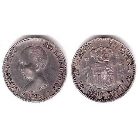 Alfonso XIII. 1892*(9-2). 50 Céntimos (MBC-) (Plata) Ceca de Madrid PG-M