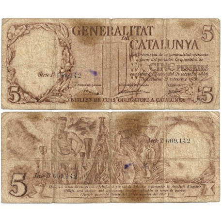 Generalitat de Cataluña. 1936. 5 Pesetas (RC+) Serie B. Manchas