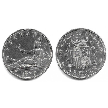 Gobierno Provisional. 1870*(18-74). 2 Pesetas (MBC-) (Plata) Ceca de Madrid DE-M