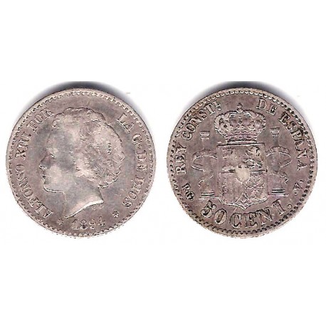 Alfonso XIII. 1894*(9-4). 50 Céntimos (MBC-) (Plata) Ceca de Madrid PG-V