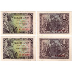 Estado Español. 1943. 1 Pesetas (x2) (SC) Serie B. Pequeñas manchas. Pareja Correlativa