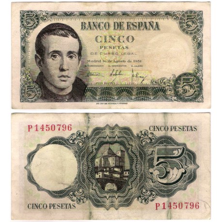 Estado Español. 1951. 5 Pesetas (BC) Serie P. Manchas