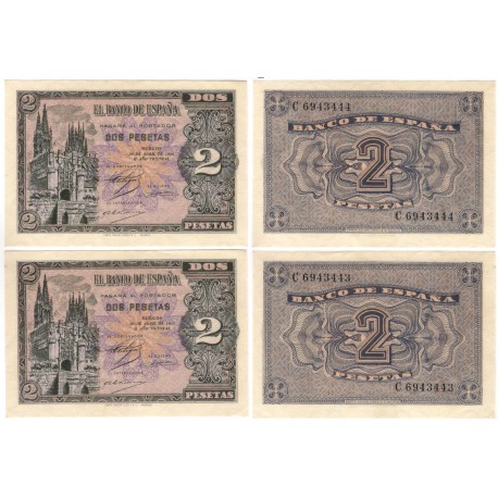 Estado Español. 1938. 2 Pesetas (SC) Serie C. Pareja Correlativa