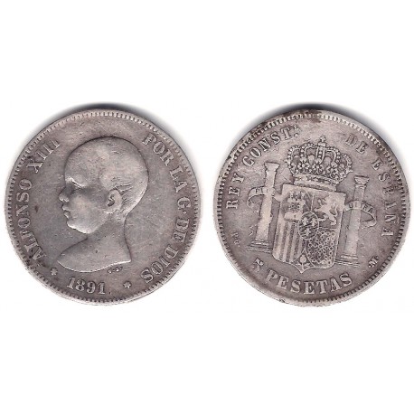 Alfonso XIII. 1891*(---91). 5 Pesetas (BC) (Plata) Ceca de Madrid PG-M