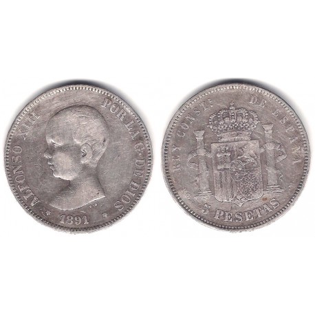 Alfonso XIII. 1891*(18-91). 5 Pesetas (BC) (Plata) Ceca de Madrid PG-M