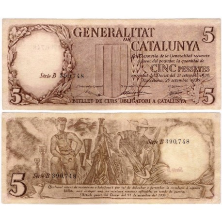 Generalitat de Cataluña. 1936. 5 Pesetas (MBC-) Serie B. Leves roturas superficiales