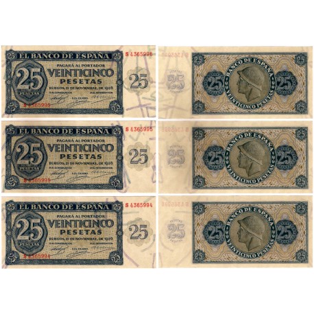 Estado Español. 1936. 25 Pesetas (x3) (EBC) Serie S. Trío Correlativo