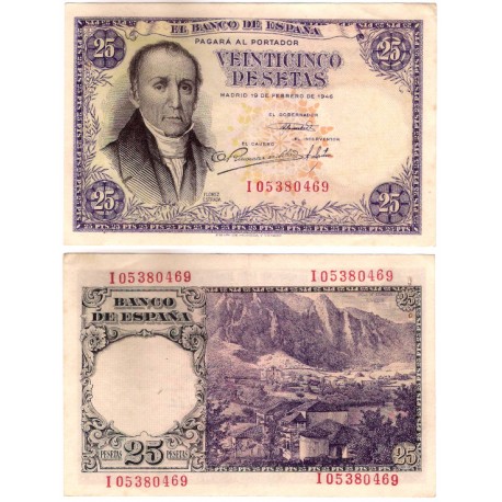 Estado Español. 1946. 25 Pesetas (EBC) Serie I. Agujeros y Manchas