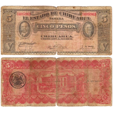 (S532a) Estados Unidos Mexicanos (Estado de Chihuahua). 1915. 5 Pesos (BC) Roturas