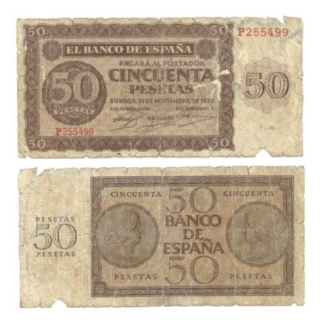 [1936] Billete de 50 Pesetas (RC). Serie P. Roturas.