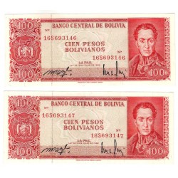 (164A) Bolivia. 1962. 100 Bolivianos (SC) Pareja Correlativa