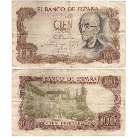 Estado Español. 1970. 100 Pesetas (BC-) Reverso Verde. Leves roturas en márgenes