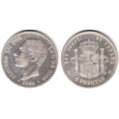 Alfonso XII. 1884*(18-84). 5 Pesetas (BC/BC+) (Plata) Ceca de Madrid MS-M