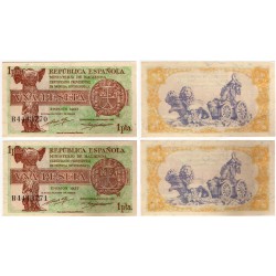 España (II República). 1937. 1 Peseta (SC) Serie B. Pareja Correlativa