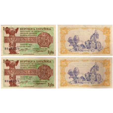 España (II República). 1937. 1 Peseta (SC) Serie B. Pareja Correlativa