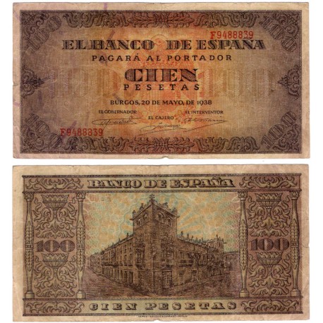 Estado Español. 1938. 100 Pesetas (MBC-) Serie F. Leves roturas en márgenes y pequeños agujeros