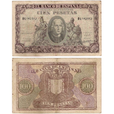 Estado Español. 1940. 100 Pesetas (BC/BC+) Serie F. Pequeñas manchas y agujeros