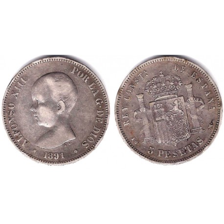 Alfonso XIII. 1891*(---91). 5 Pesetas (BC/BC+) (Plata) Ceca de Madrid PG-M