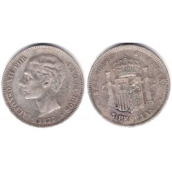 Alfonso XII. 1877*(18-77). 5 Pesetas (BC) (Plata) Ceca de Madrid DE-M