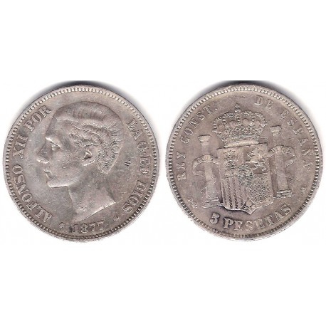 Alfonso XII. 1877*(18-77). 5 Pesetas (BC) (Plata) Ceca de Madrid DE-M