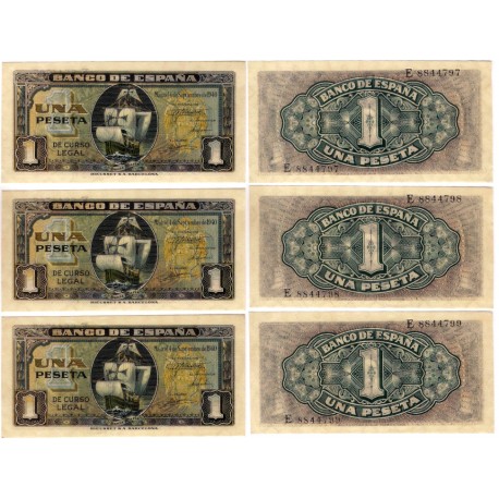 Estado Español. 1940. 1 Peseta (SC-) Serie E. Trio correlativo