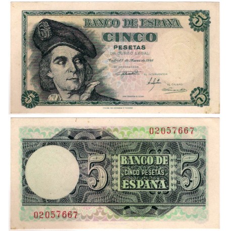 Estado Español. 1948. 5 Pesetas (SC) Sin Serie. Leves manchas