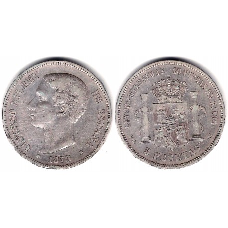 Alfonso XII. 1875*(---75). 5 Pesetas (BC) (Plata) Ceca de Madrid DE-M. Variante OREJA RALLADA