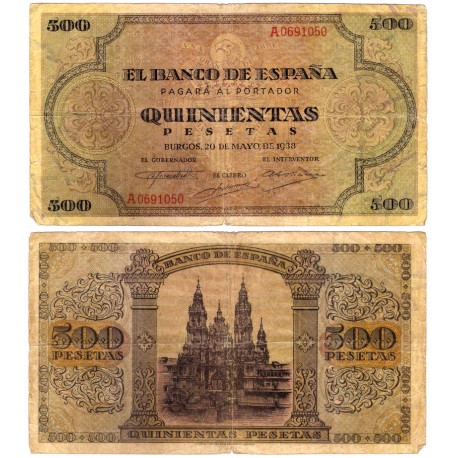 Estado Español. 1938. 500 Pesetas (BC) Serie A. Leves roturas en márgenes