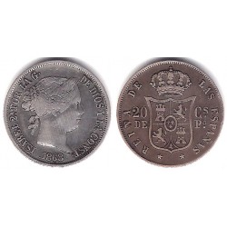 Isabel II. 1868. 20 Centavos de Peso (MBC-) (Plata) Ceca de Manila