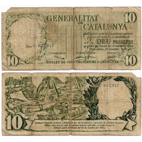 Generalitat de Cataluña. 1936. 10 Pesetas (RC+) Esquina rota