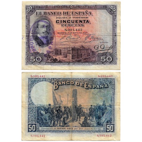 España. 1927. 50 Pesetas (BC+) Con Sello Repúblicano