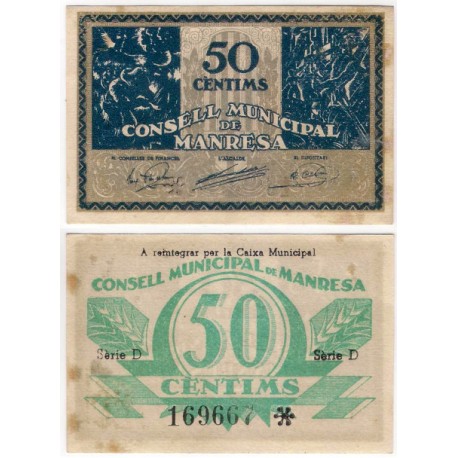 Manresa. 1937. 50 Céntimos (MBC) Serie D