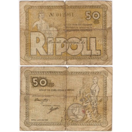 Ripoll. 1937. 50 Céntimos (BC/BC-) Roturas en márgenes