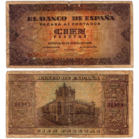 Estado Español. 1938. 100 Pesetas (MBC-) Serie B. Diferentes roturas