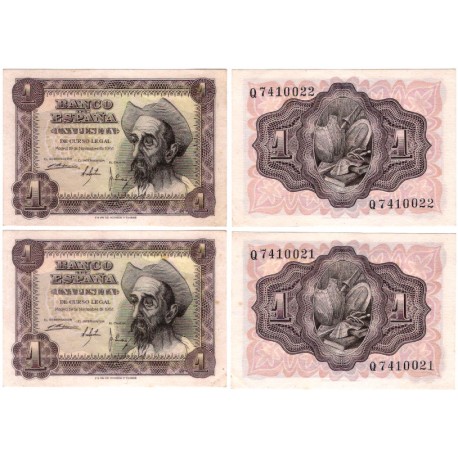 Estado Español. 1951. 1 Peseta (x2) (EBC+) Serie Q. Pareja Correlativa