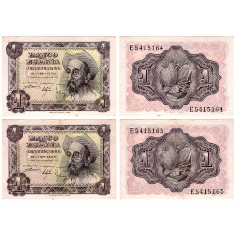 Estado Español. 1951. 1 Peseta (x2) (EBC+) Serie E. Pareja Correlativa