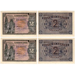 Estado Español. 1938. 2 Pesetas (x2) (SC-) Serie D. Pareja Correlativa