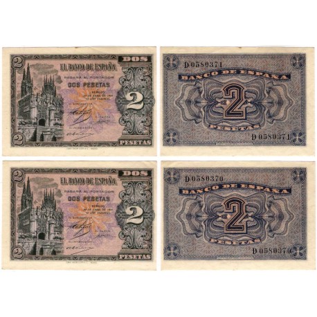 Estado Español. 1938. 2 Pesetas (x2) (SC-) Serie D. Pareja Correlativa