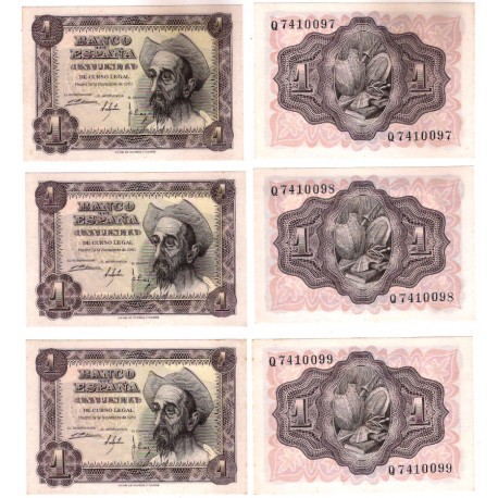 Estado Español. 1951. 1 Peseta (x3) (SC) Serie Q. Trío Correlativo