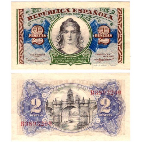 España (II República). 1938. 2 Pesetas (SC) Serie B