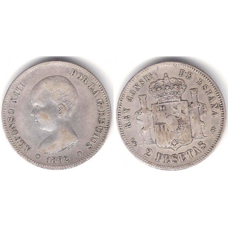 Alfonso XIII. 1892*(1--92). 2 Pesetas (BC) (Plata) Ceca de Madrid PG-M