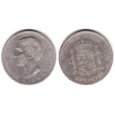 Alfonso XII. 1876*(---76). 5 Pesetas (BC) (Plata) Ceca de Madrid DE-M