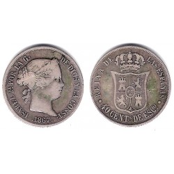 Isabel II. 1867. 40 Céntimos de Escudo (BC+) (Plata) Ceca de Madrid