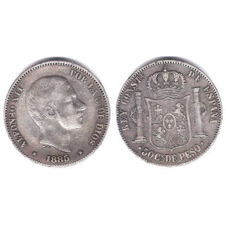 Alfonso XII. 1885. 50 Centavos de Peso (MBC) (Plata) Ceca de Manila