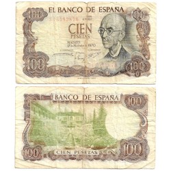 Estado Español. 1970. 100 Pesetas (BC-) Serie 3I. Reverso verde. Roturas en márgenes