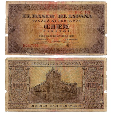 Estado Español. 1938. 100 Pesetas (BC) Serie H. Roturas varias