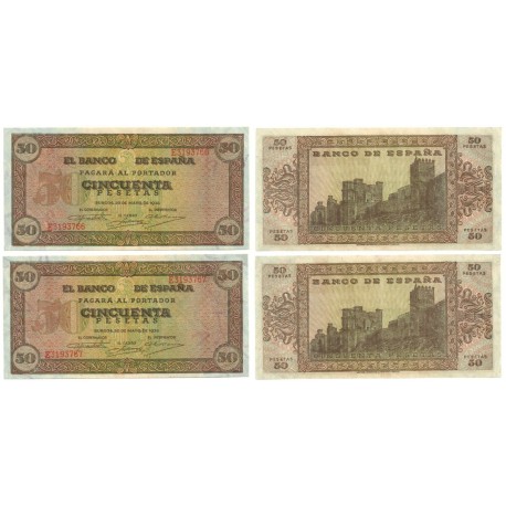 [1938] Billete de 50 Pesetas (x2) (EBC). Serie E. Pareja correlativa.