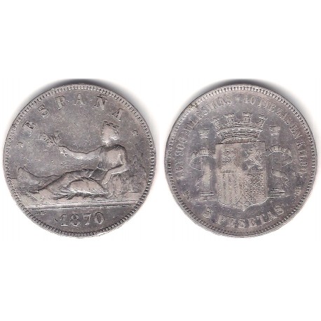 Gobierno Provisional. 1870*(-8-70). 5 Pesetas (MBC-) (Plata) Ceca de Madrid SN-M